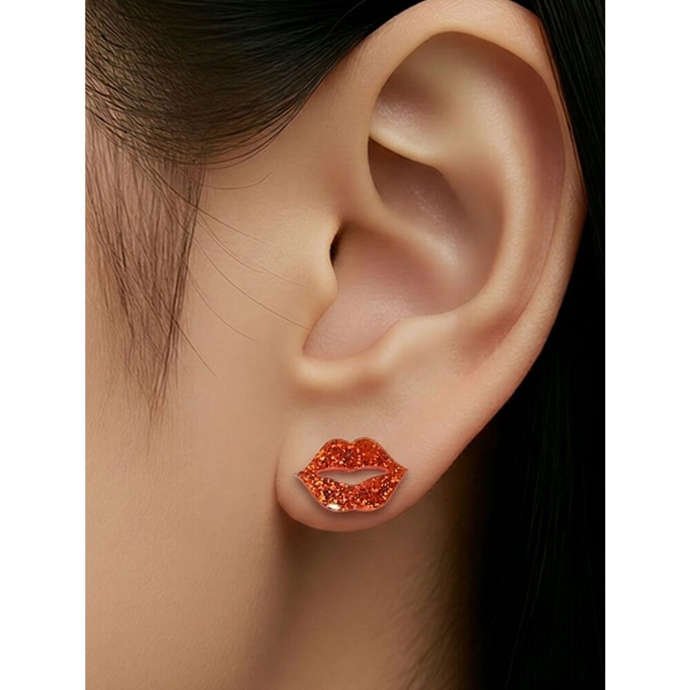 Red Glitter Lip Stud Earrings Tiny Sparkly Kiss Playful Acrylic Girl's Night